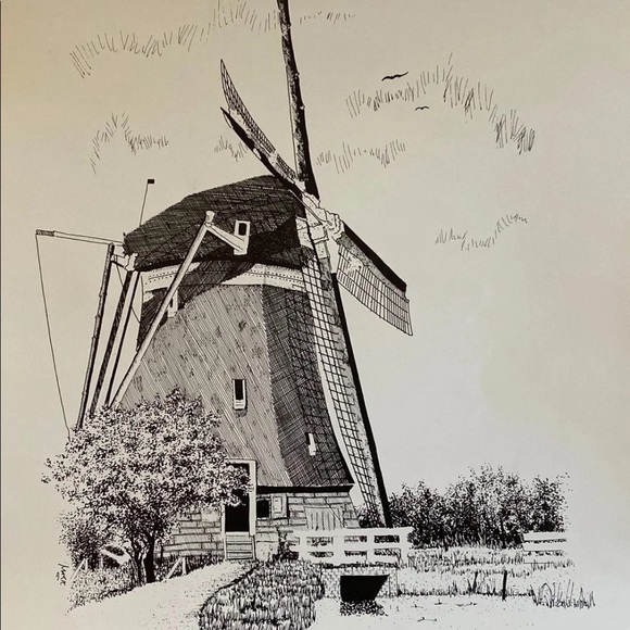 Holland Windmill Scenic B&W Ink Sketch Print
